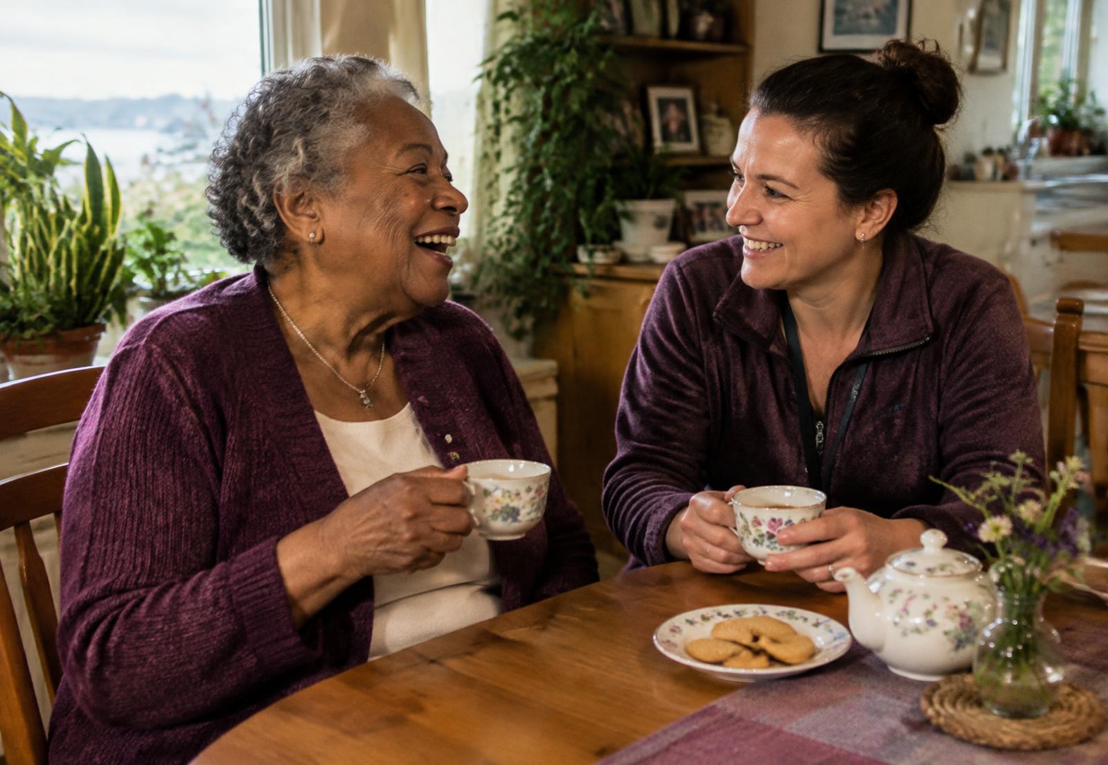 An older woman laughs with a caregiver over tea at her kitchen table.